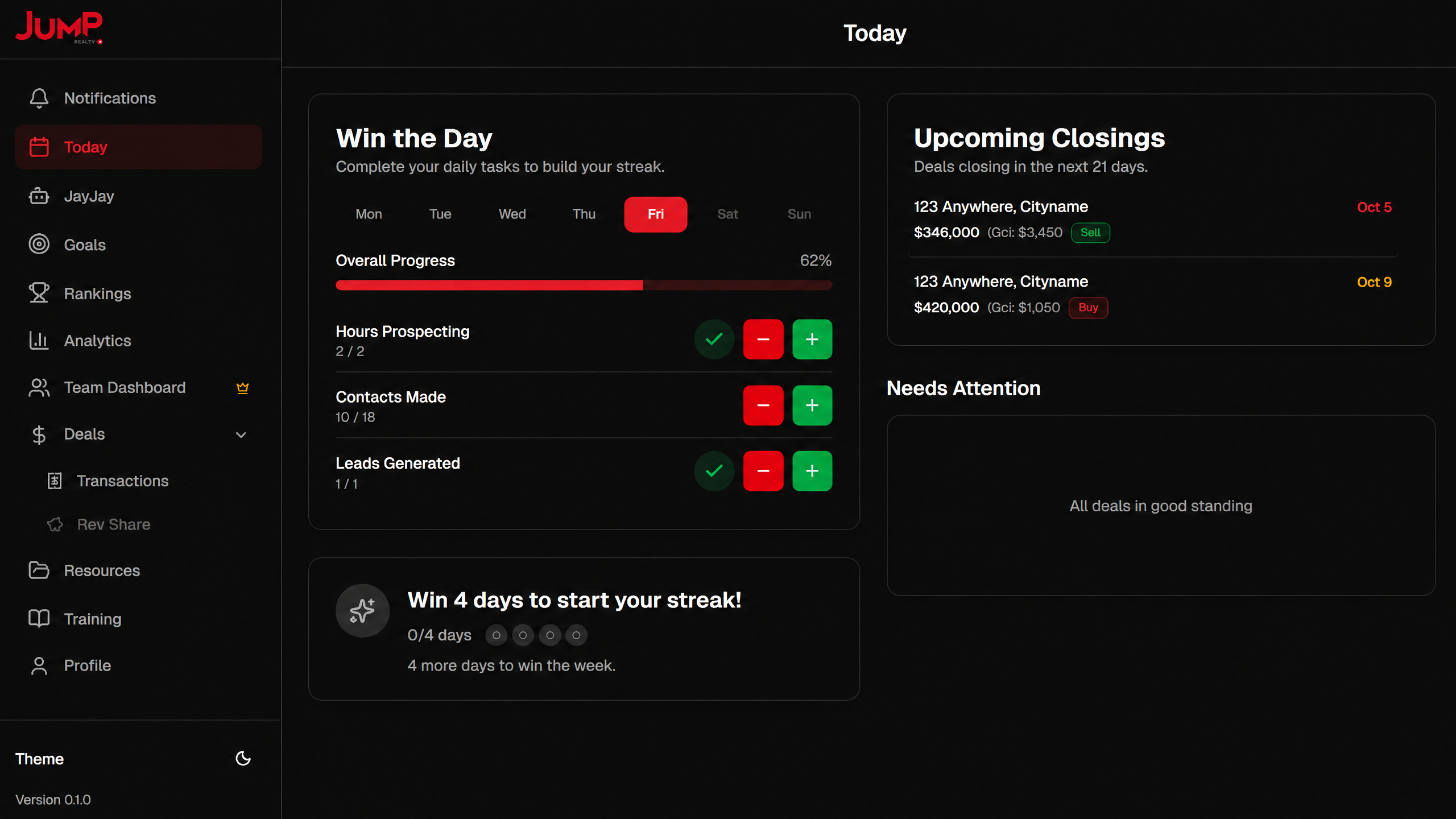 JumpWeb desktop dashboard showing daily coaching and upcoming closings with anonymized addresses